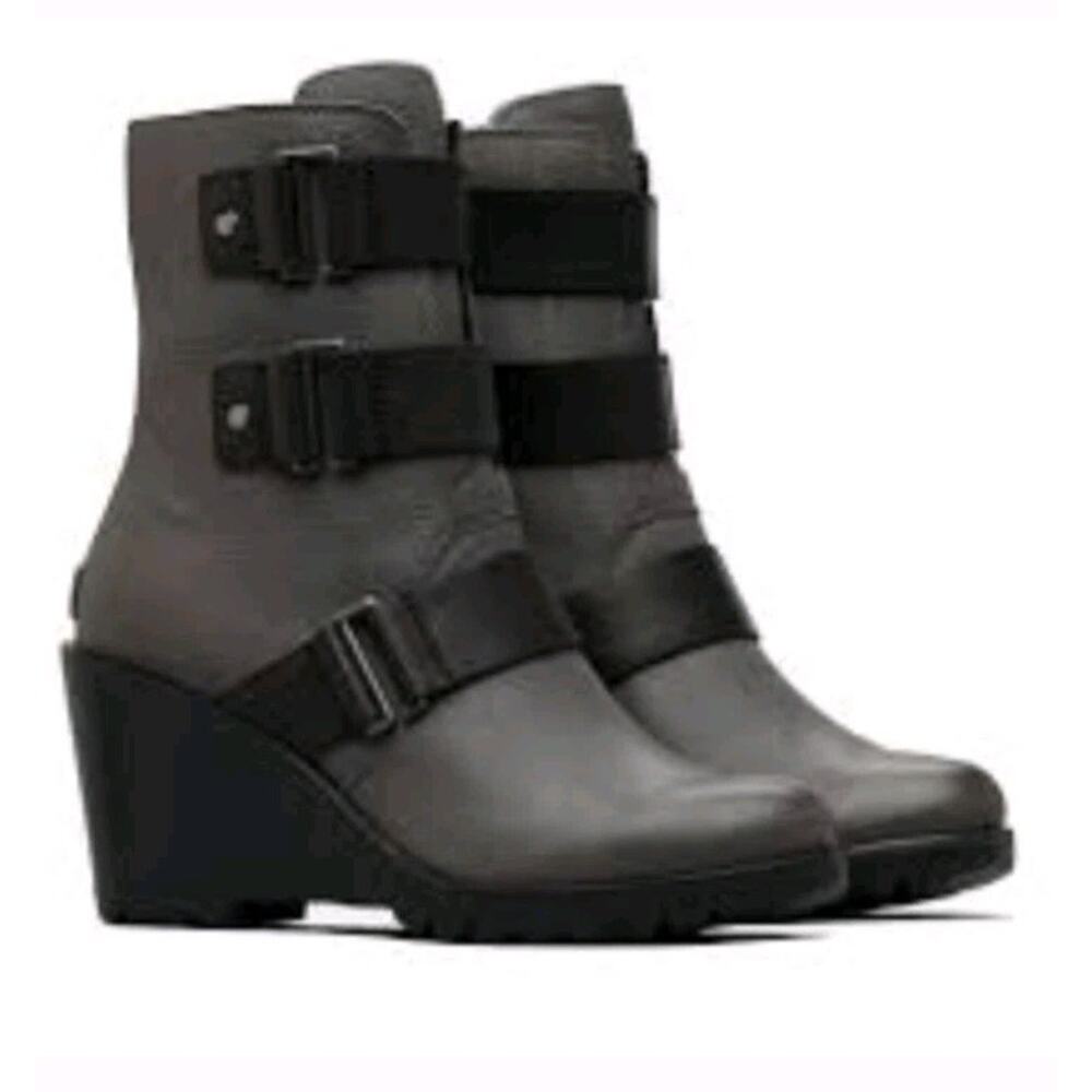 Sorel After Hours Wedge Booties Womens 10 Gray Black Leather Moto Biker Mid Calf
